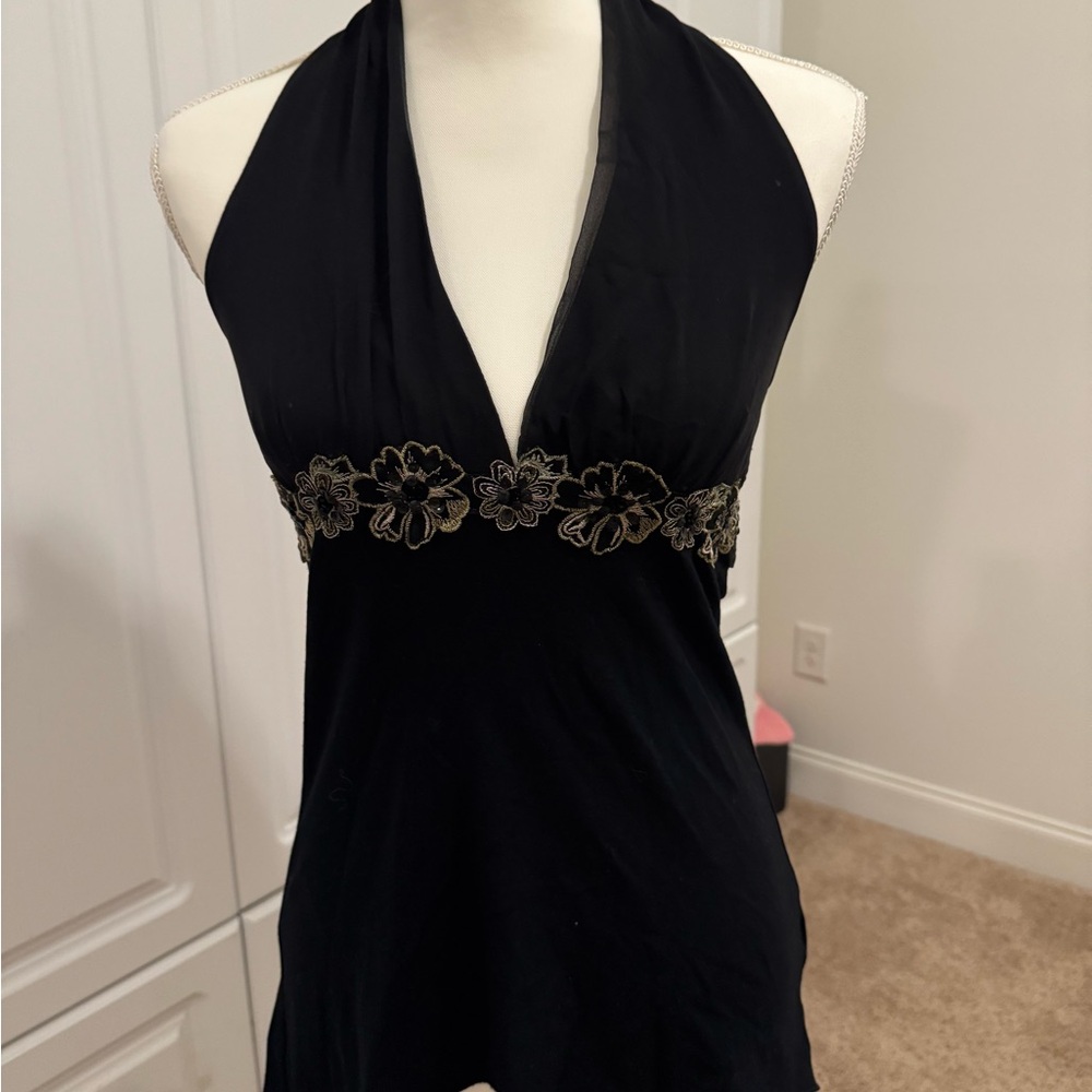 Black Halter Top with Floral Embroidery